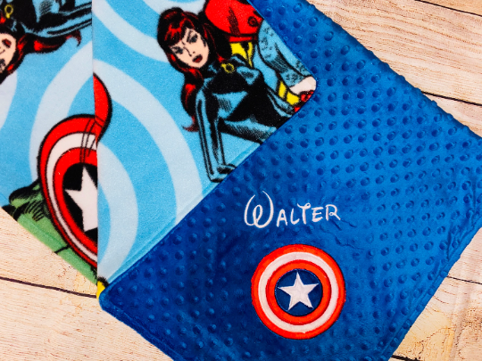 Personalized Captain America Minky Baby Blanket -  Blue Minky and Character fleece- Custom Monogram