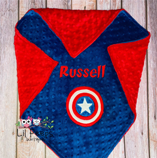 Personalized Captain America Minky Baby Blanket -  Blue and Red Minky - Custom Monogram