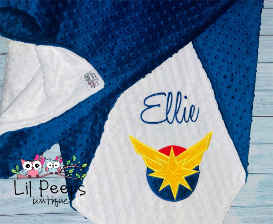 Personalized Captain Marvel Minky Baby Blanket -  White and Blue minky- Custom Monogram