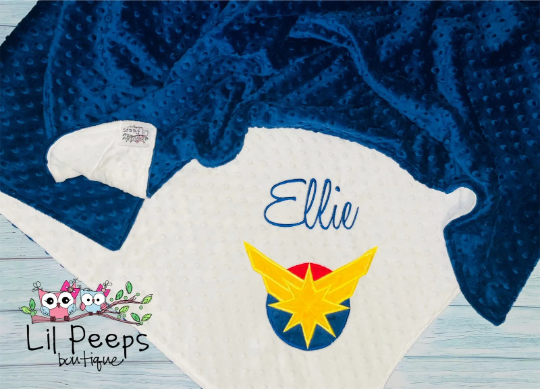 Personalized Captain Marvel Minky Baby Blanket -  White and Blue minky- Custom Monogram