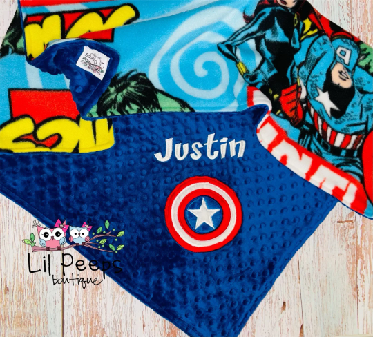 Personalized Captain America Minky Baby Blanket -  Blue Minky and Character fleece- Custom Monogram