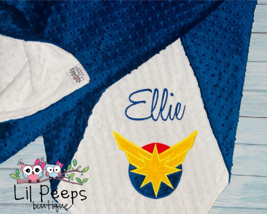 Personalized Captain Marvel Minky Baby Blanket -  White and Blue minky- Custom Monogram