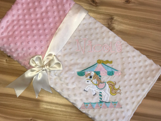 Carousel Personalized Blanket - Blush & Cream Minky Baby Blanket