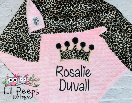 Personalized Cheetah Crown Minky Baby Blanket - Cheetah Minky with Pink - Custom Monogram