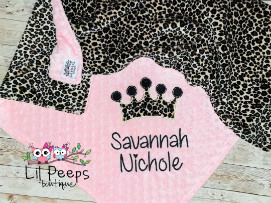 Personalized Cheetah Crown Minky Baby Blanket - Cheetah Minky with Pink - Custom Monogram