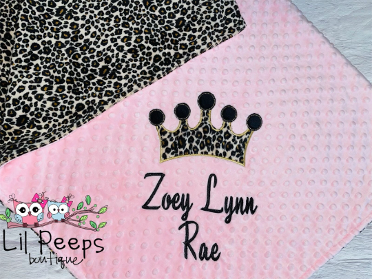 Personalized Cheetah Crown Minky Baby Blanket - Cheetah Minky with Pink - Custom Monogram