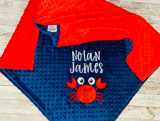 Crab - Personalized Minky Baby Blanket - Red / Navy  Minky - Embroidered Minky Crab