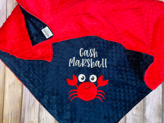 Crab - Personalized Minky Baby Blanket - Red / Navy  Minky - Embroidered Minky Crab