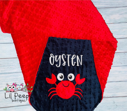 Crab - Personalized Minky Baby Blanket - Red / Navy  Minky - Embroidered Minky Crab