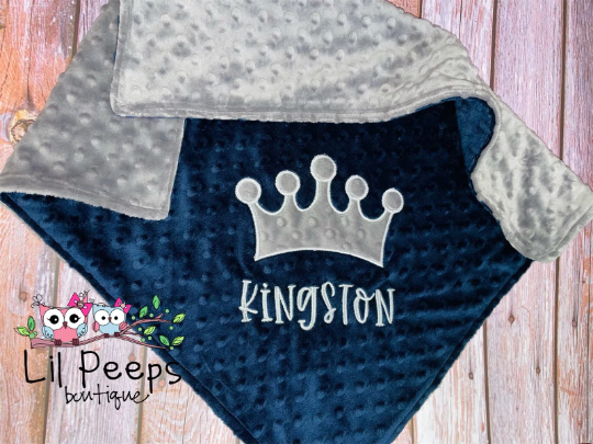 Personalized Crown Minky Baby Blanket - Navy and Gray Minky - Custom Monogram