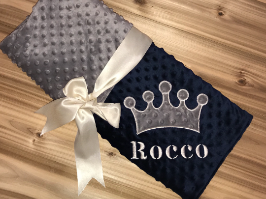 Personalized Crown Minky Baby Blanket - Navy and Gray Minky - Custom Monogram