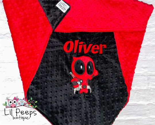 Personalized Deadpool Minky Blanket -  Black and Red Minky - Custom Monogram