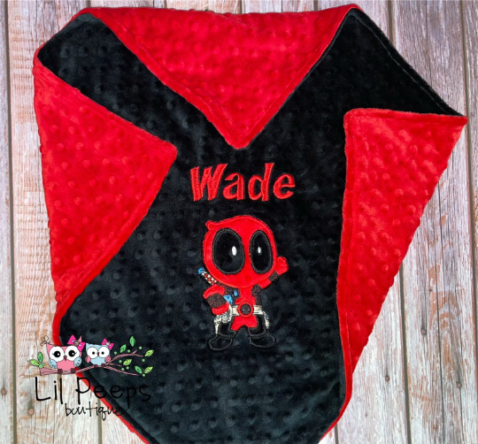 Personalized Deadpool Minky Blanket -  Black and Red Minky - Custom Monogram