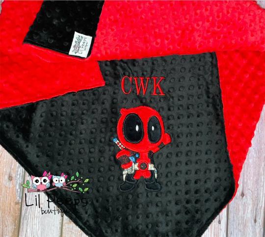 Personalized Deadpool Minky Blanket -  Black and Red Minky - Custom Monogram