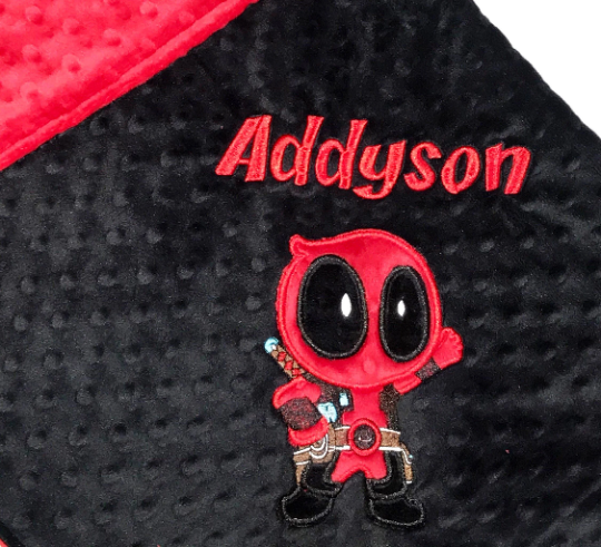 Personalized Deadpool Minky Blanket -  Black and Red Minky - Custom Monogram