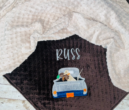 Duck Hunt - Personalized Minky Blanket - Baby Brown and Tan Minky - Embroidered Duck Hunting Truck