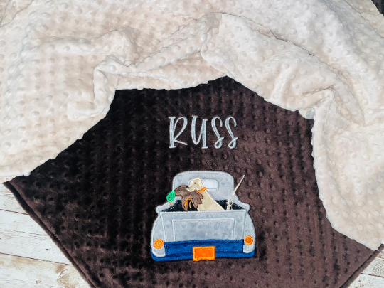 Duck Hunt - Personalized Minky Blanket - Baby Brown and Tan Minky - Embroidered Duck Hunting Truck