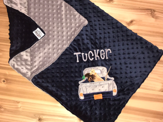 Duck Hunt - Personalized Minky Blanket - Baby Navy/ Gray Minky - Embroidered Duck Hunting Truck