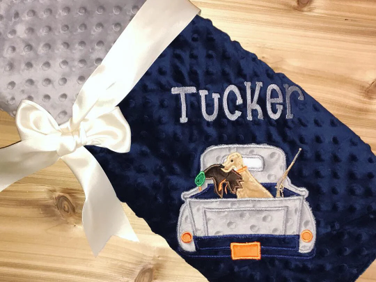 Duck Hunt - Personalized Minky Blanket - Baby Navy/ Gray Minky - Embroidered Duck Hunting Truck