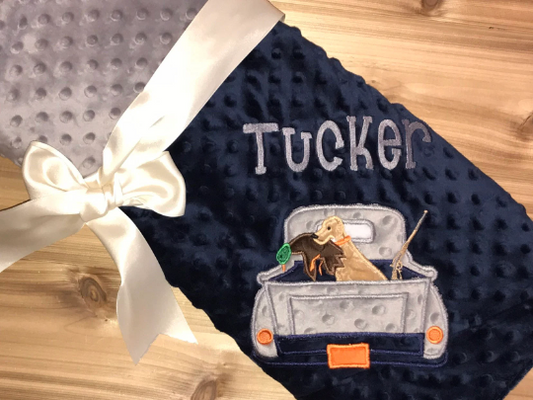 Duck Hunt - Personalized Minky Blanket - Baby Navy/ Gray Minky - Embroidered Duck Hunting Truck