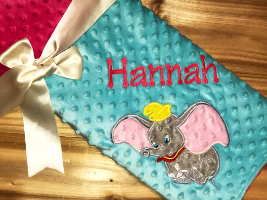 Personalized Dumbo Minky Baby Blanket - Aqua and Pink Minky - Custom Monogram