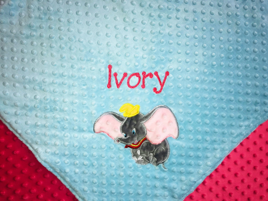 Personalized Dumbo Minky Baby Blanket - Aqua and Pink Minky - Custom Monogram