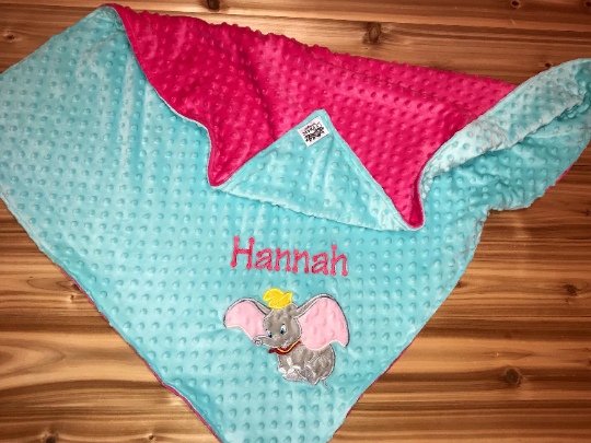 Personalized Dumbo Minky Baby Blanket - Aqua and Pink Minky - Custom Monogram