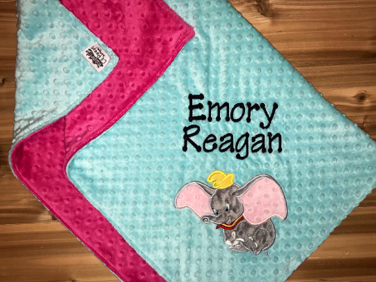 Personalized Dumbo Minky Baby Blanket - Aqua and Pink Minky - Custom Monogram