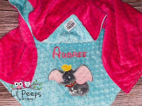 Personalized Dumbo Minky Baby Blanket - Aqua and Pink Minky - Custom Monogram