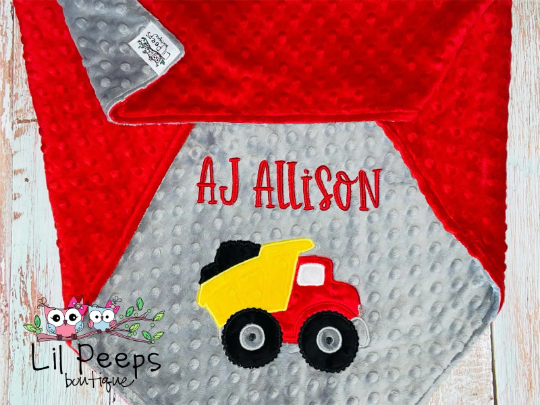 Dump Truck -Personalized Minky Baby Blanket - Red Minky/ Gray Minky - Embroidered Dump Truck