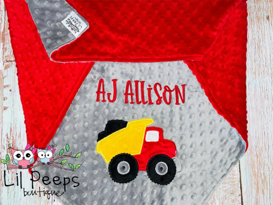 Dump Truck -Personalized Minky Baby Blanket - Red Minky/ Gray Minky - Embroidered Dump Truck