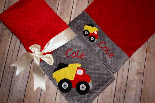 Dump Truck -Personalized Minky Baby Blanket - Red Minky/ Gray Minky - Embroidered Dump Truck