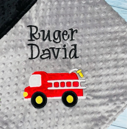 Fire Truck - Personalized Minky Baby Blanket - Grey and Black Minky - Embroidered Fire Truck