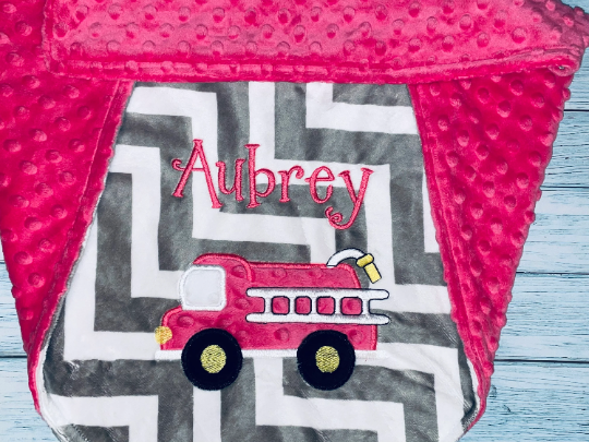 Firetruck Baby Blanket Gray & Pink Minky - Embroidered Firetruck