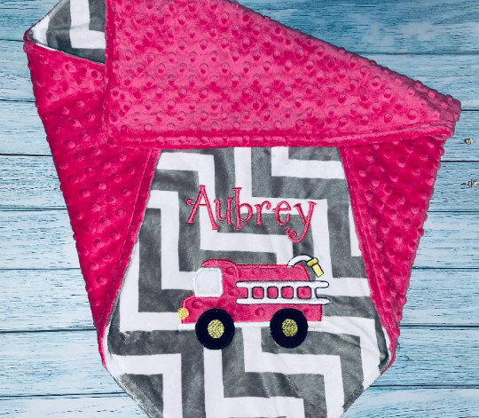 Firetruck Baby Blanket Gray & Pink Minky - Embroidered Firetruck