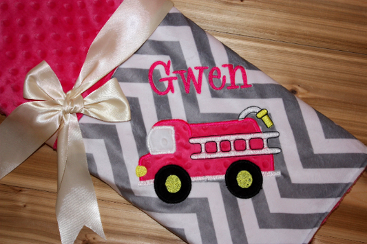 Firetruck Baby Blanket Gray & Pink Minky - Embroidered Firetruck