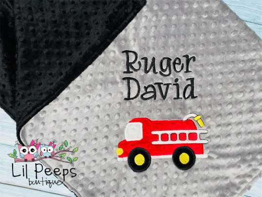 Fire Truck - Personalized Minky Baby Blanket - Grey and Black Minky - Embroidered Fire Truck