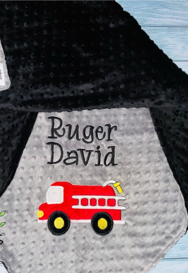 Fire Truck - Personalized Minky Baby Blanket - Grey and Black Minky - Embroidered Fire Truck