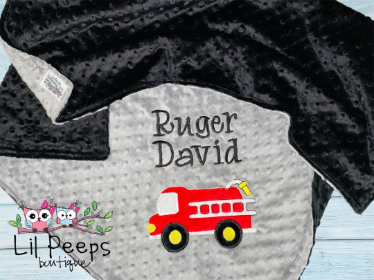 Fire Truck - Personalized Minky Baby Blanket - Grey and Black Minky - Embroidered Fire Truck