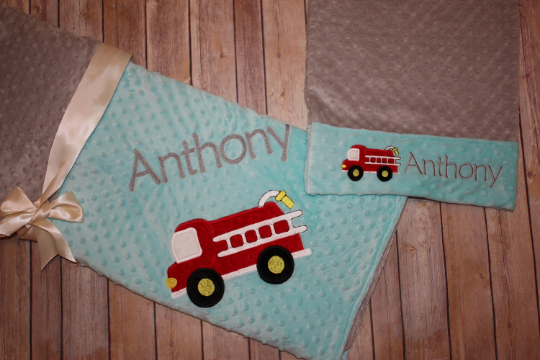 Fire Truck Nap Set - Personalized Minky Blanket and Pillowcase with embroidered Fire Truck - Travel or Standard Size