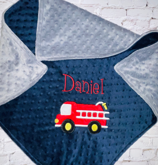 Fire Truck - Personalized Minky Baby Blanket - Grey and Navy Minky - Embroidered Fire Truck