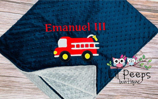 Fire Truck - Personalized Minky Baby Blanket - Grey and Navy Minky - Embroidered Fire Truck