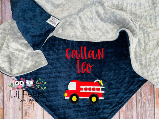 Fire Truck - Personalized Minky Baby Blanket - Grey and Navy Minky - Embroidered Fire Truck