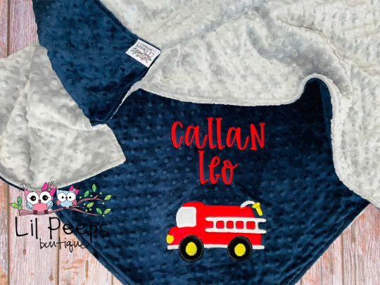 Fire Truck - Personalized Minky Baby Blanket - Grey and Navy Minky - Embroidered Fire Truck