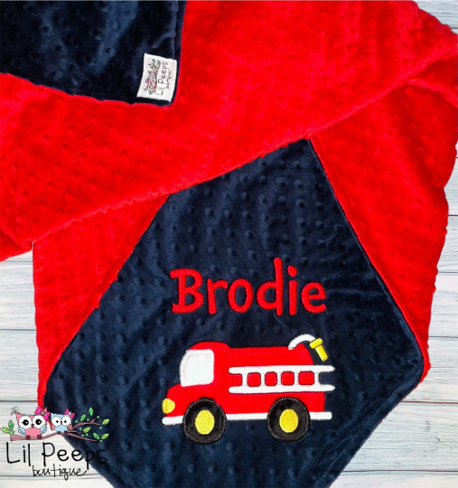 Fire Truck - Personalized Minky Baby Blanket - Red and Navy Minky - Embroidered Fire Truck