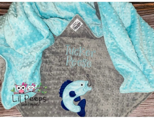 Fishing -Personalized Minky Baby Blanket - Aqua Minky/ Gray Minky - Em –  Lil Peep Boutique