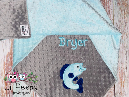 Fishing -Personalized Minky Baby Blanket - Aqua Minky/ Gray Minky - Embroidered Bass Fish