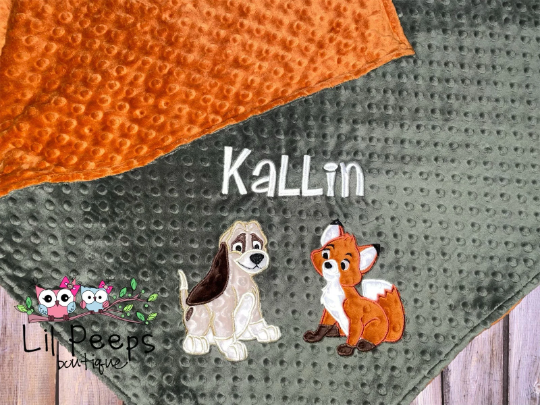 Personalized Fox and the Hound Minky Baby Blanket - Green and Rust Minky - Custom Monogram - Best Friends