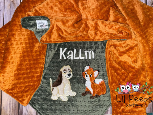 Personalized Fox and the Hound Minky Baby Blanket - Green and Rust Minky - Custom Monogram - Best Friends