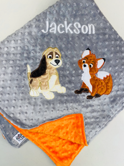 Personalized Fox and the Hound Minky Baby Blanket - Gray and Orange  Minky - Custom Monogram - Best Friends